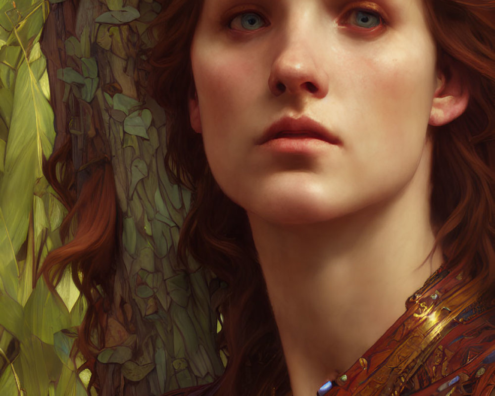 Digital painting of woman with auburn hair and blue eyes in ornate garment amidst lush foliage.