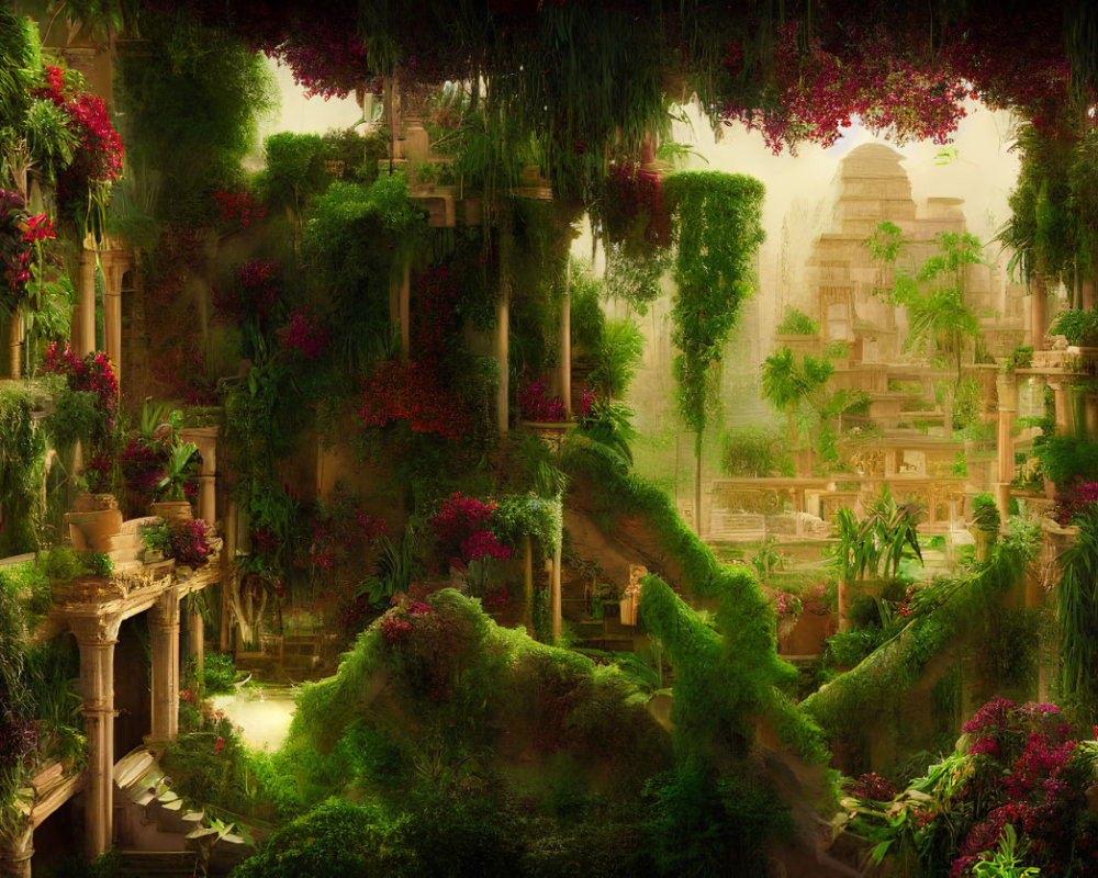 Vibrant greenery and hanging flowers in ancient overgrown ruin