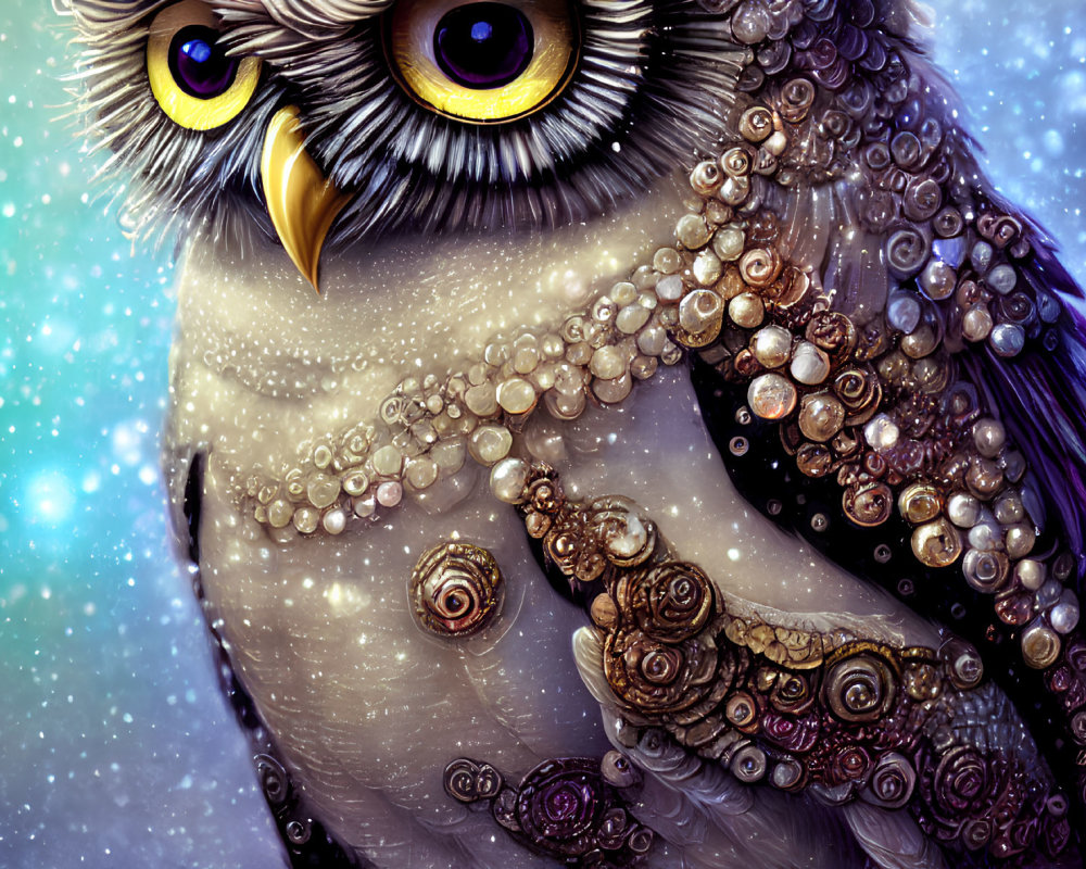 Detailed Owl Illustration with Beads and Swirling Patterns