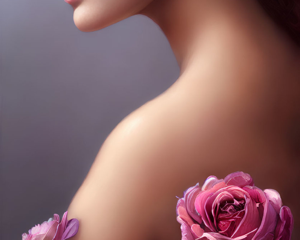 Profile of woman with bare shoulders and collarbone, adorned with vibrant pink roses.