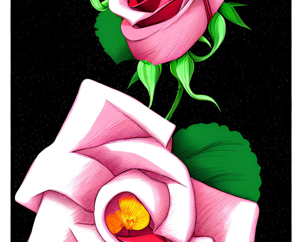 Stylized pink roses with yellow center on starry black background