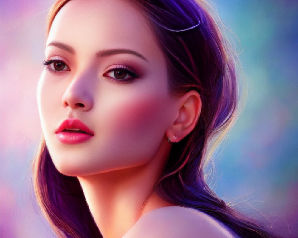 Vibrant digital portrait of woman with long purple hair and hazel eyes