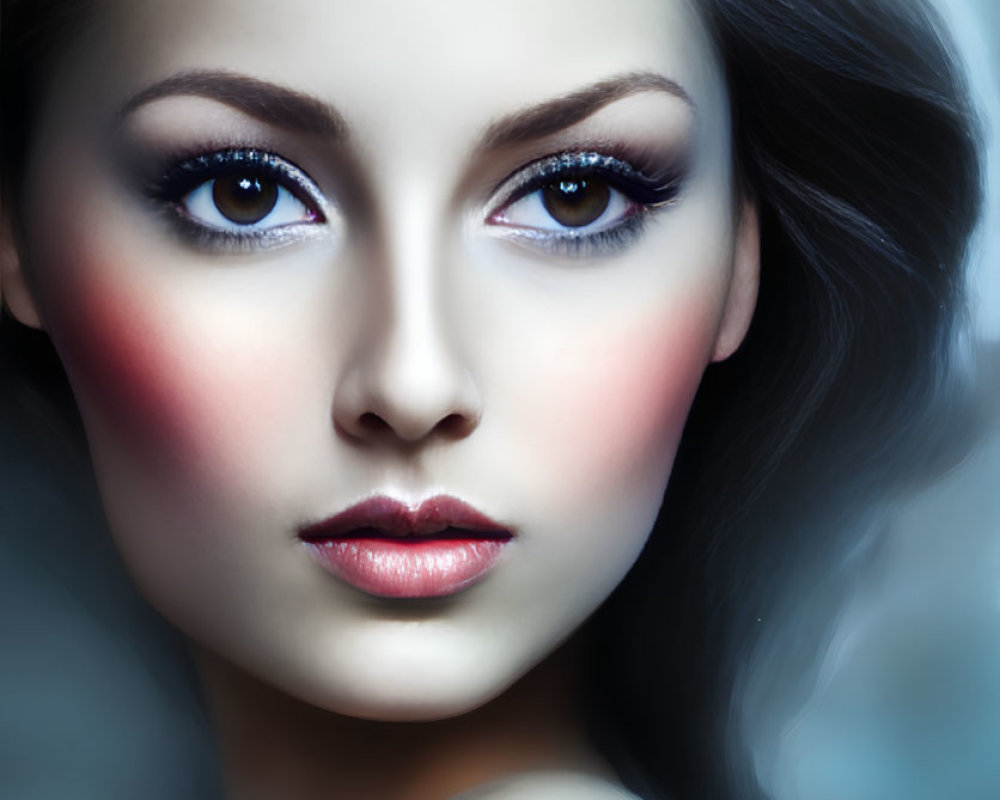 Digital portrait of a woman with striking blue eyes and dark hair against a soft background