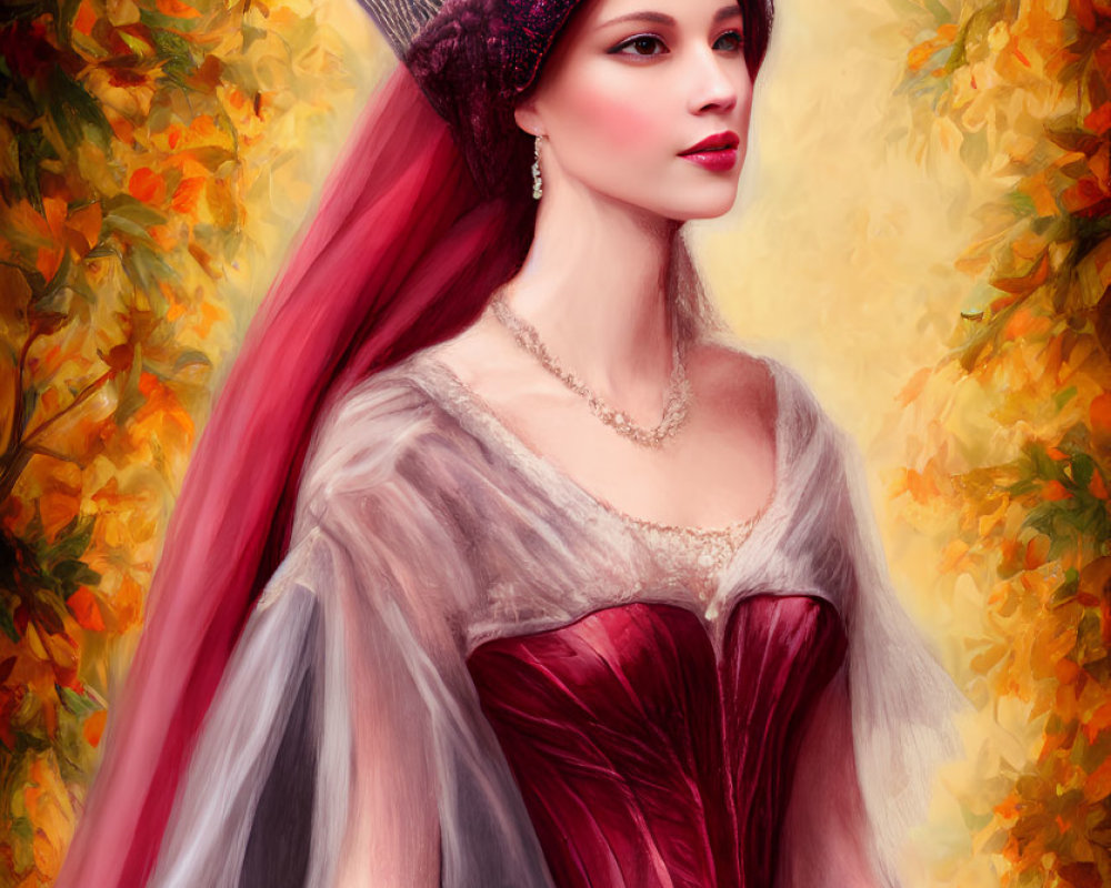 Portrait of woman with red hair and crown in burgundy gown on autumn leaf backdrop