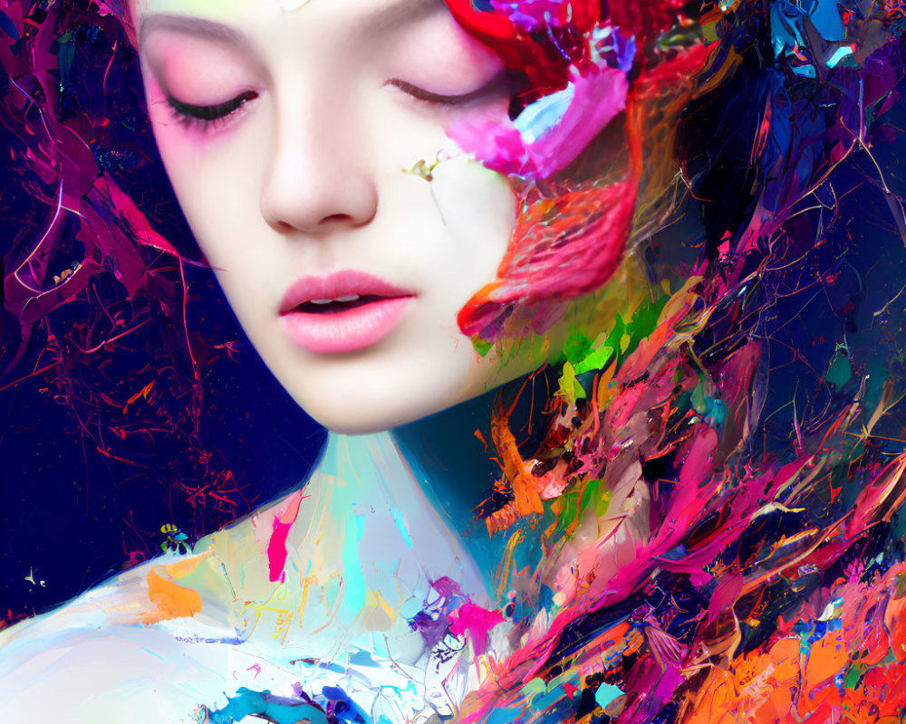 Colorful digital artwork: person with paint splashes and petals, abstract beauty.