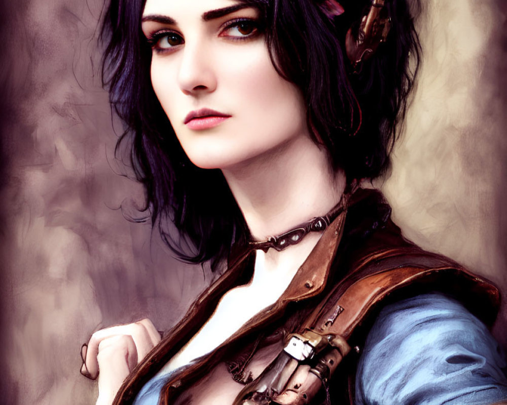 Steampunk-themed female character with mechanical earpiece and intense gaze