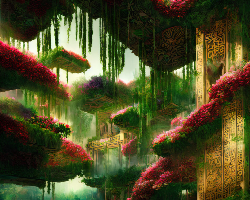 Mystical forest with hanging gardens, vibrant flowers, and ancient ruins.