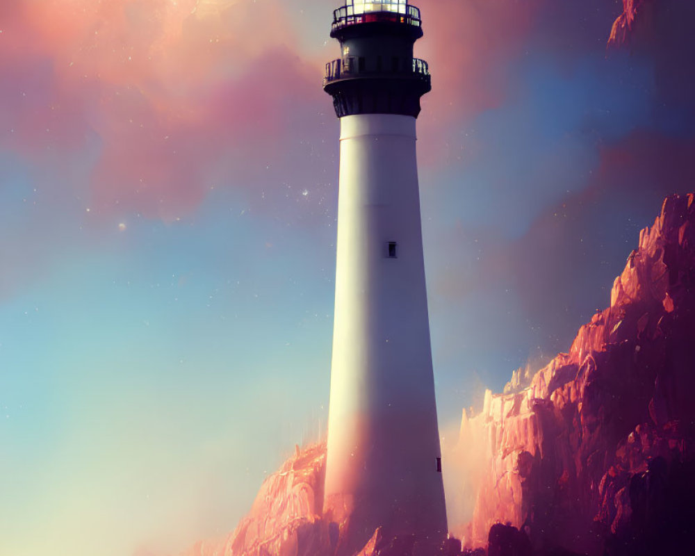 Tall White Lighthouse on Rugged Cliffs with Dramatic Sky