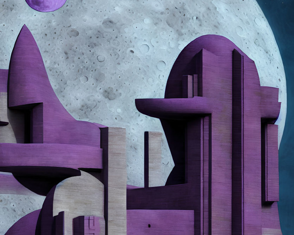 Detailed Moon and Purple Celestial Bodies Over Futuristic Structure