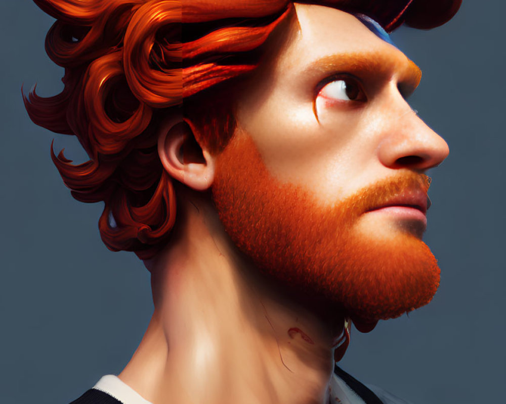 Voluminous red hair and beard man digital art profile on grey background