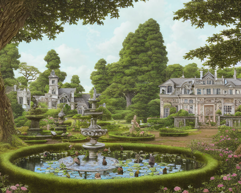 Ornate fountains and grand manor house in lush garden landscape