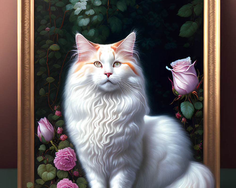 White Cat with Orange Markings Surrounded by Greenery and Roses