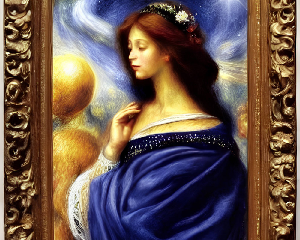 Golden framed painting of woman in blue dress with celestial hair and glowing orb