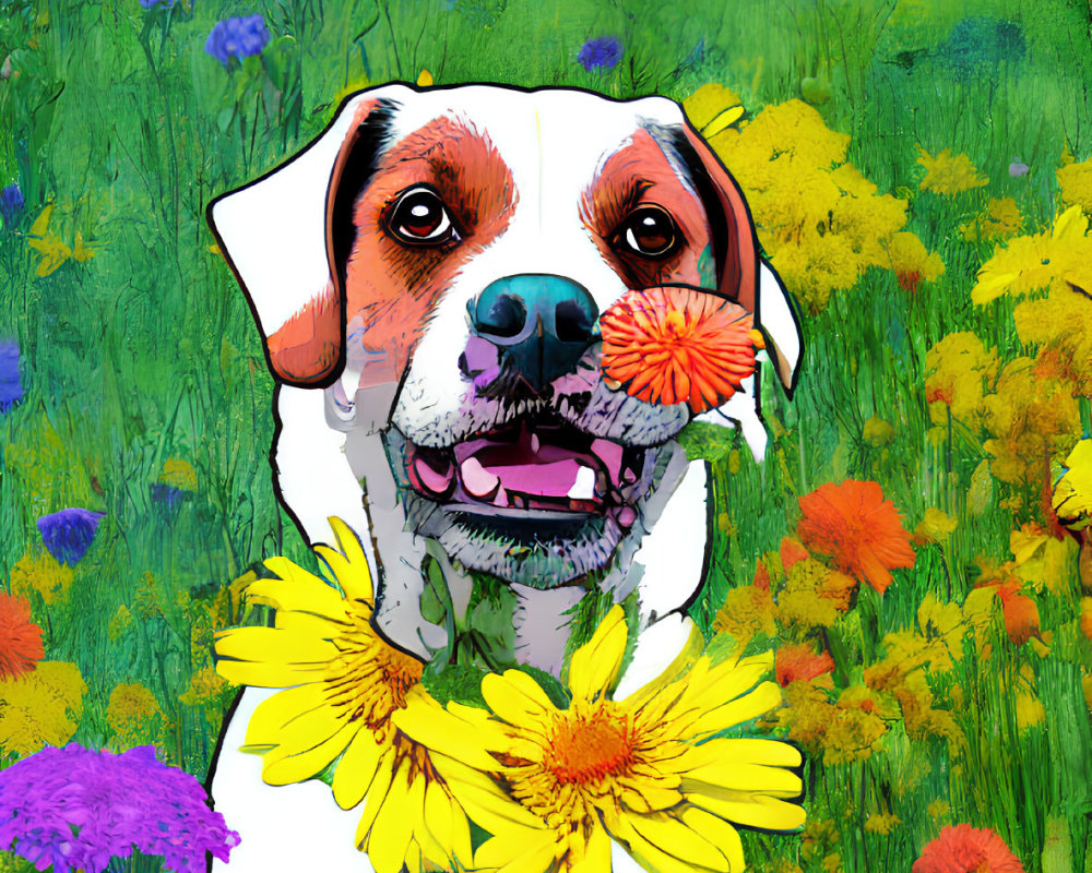 Vibrant illustration: smiling dog with colorful flowers on pink background