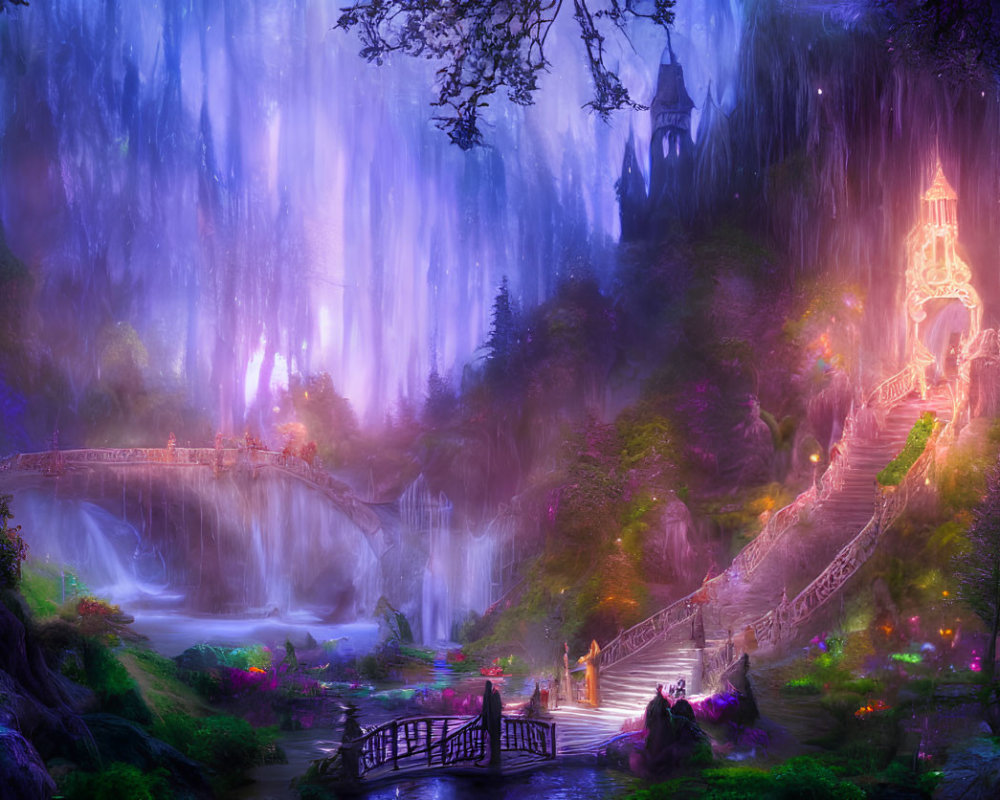 Vivid purple and pink mystical landscape with castle, bridge, and waterfalls