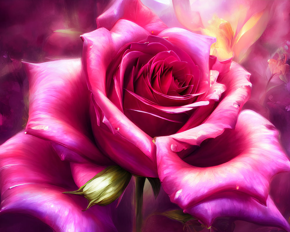 Colorful digital artwork featuring large pink rose in full bloom with soft glow and blurred floral background in purple