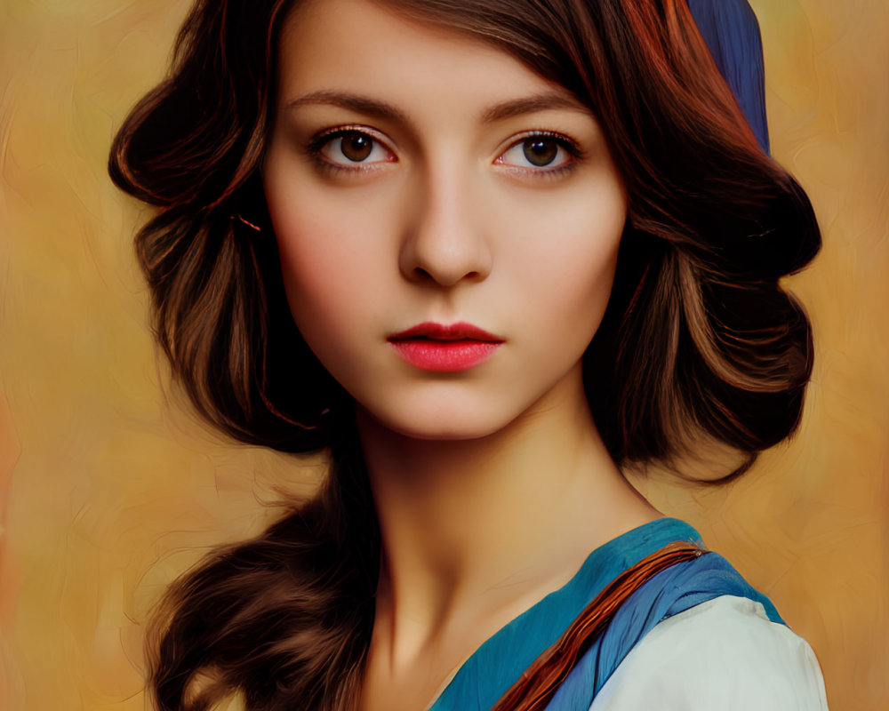 Serene young woman in blue headscarf with wavy brown hair against warm background