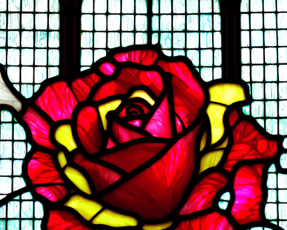 Colorful stained glass window featuring detailed red rose on multicolored background