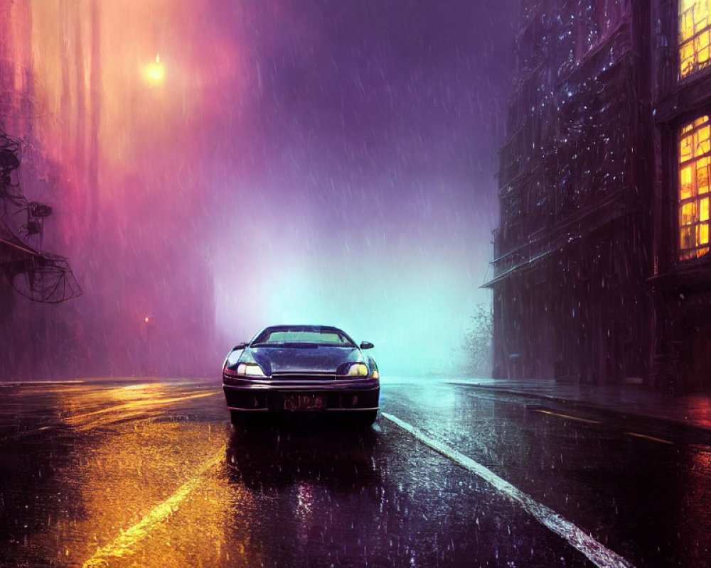 Rain-drenched street at night with parked car and neon lights