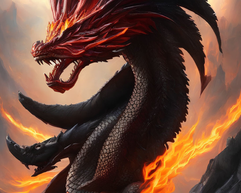 Red and Black Dragon with Glowing Eyes and Flames in Cloudy Sky