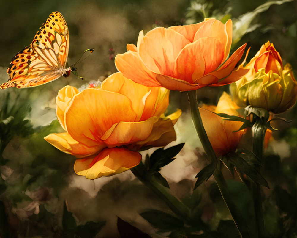 Patterned butterfly on vibrant orange flowers in soft-focused greenery