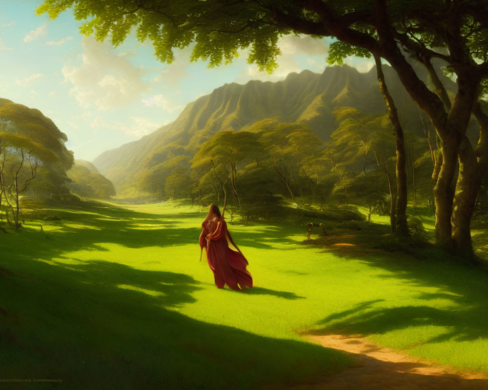 Tranquil landscape with person in red cloak walking towards mountains