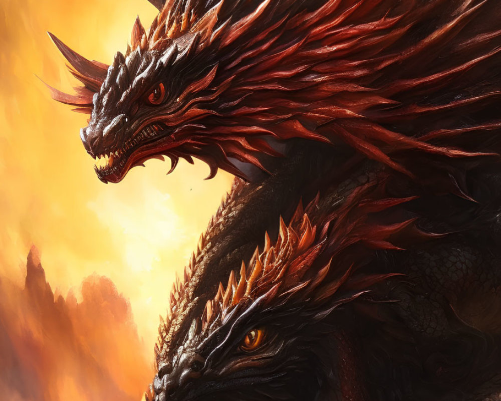 Majestic dragons with red and black scales in fiery sky