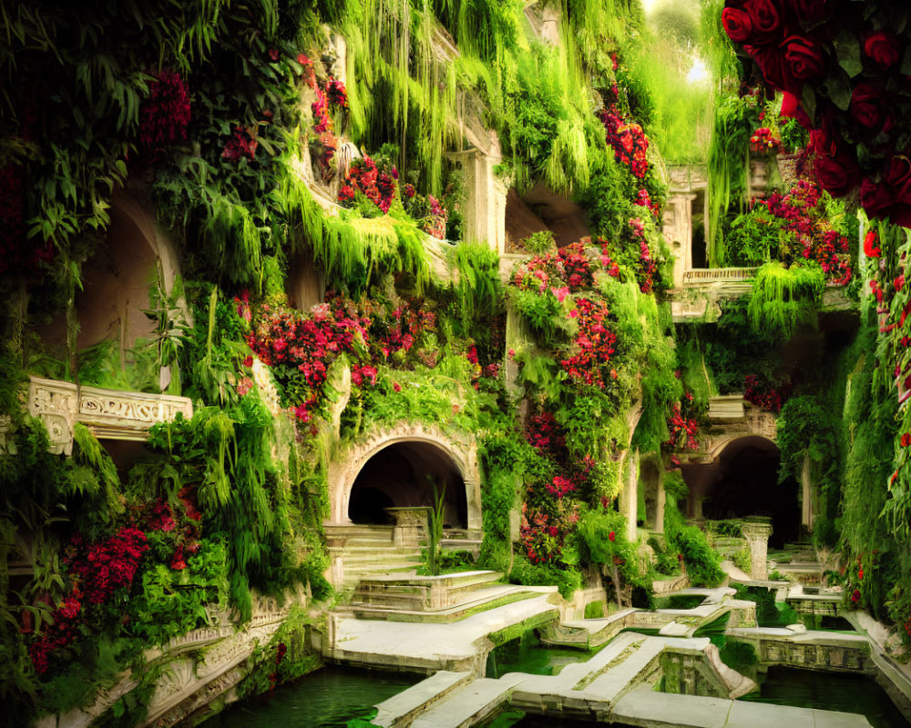 Lush Greenery and Red Flowers Surround Old Stone Fountain