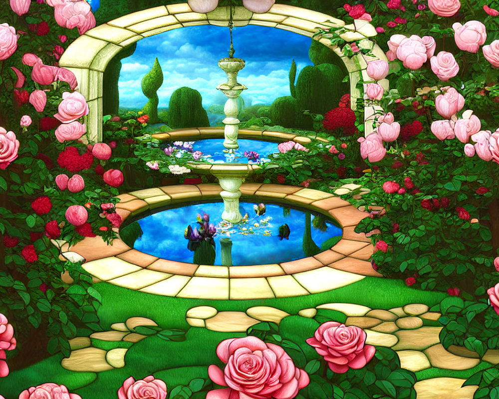 Tranquil garden scene with archway, roses, pond, and fountain