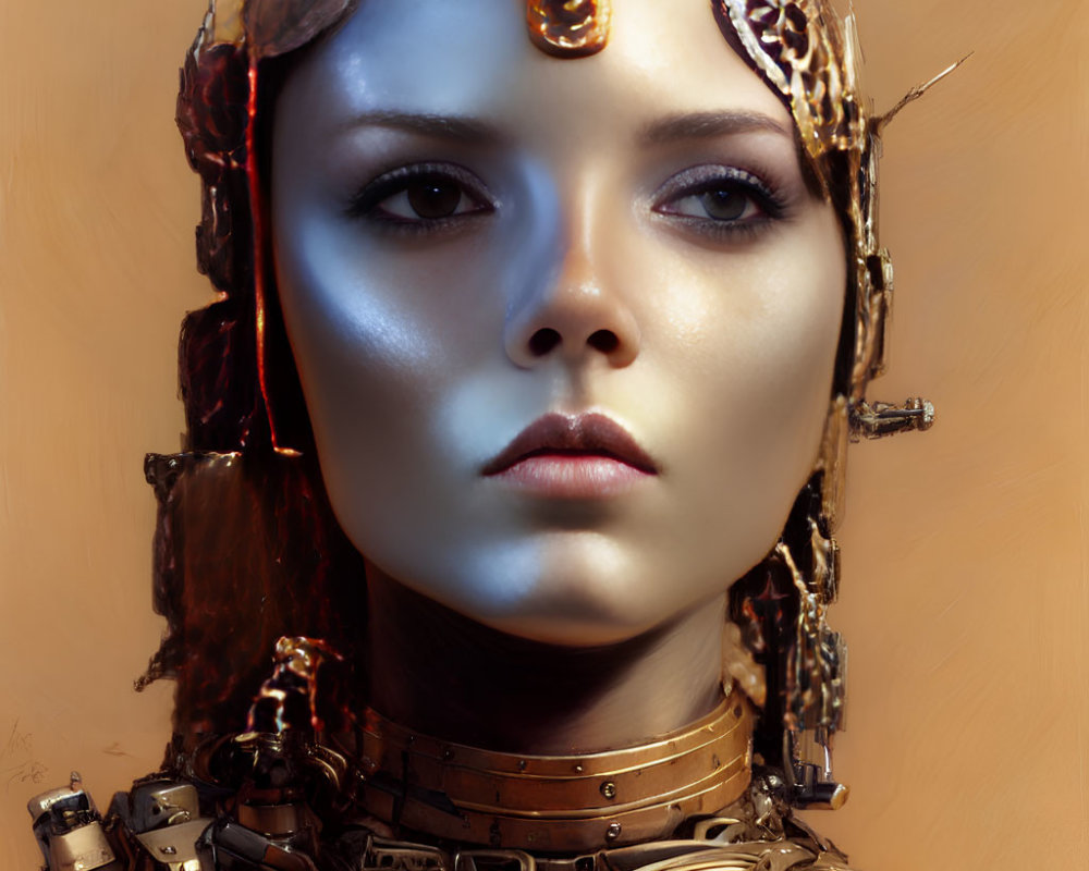 Female cyborg with metallic parts and futuristic headpiece.