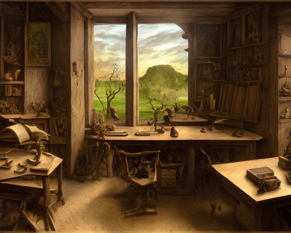 Cozy Rustic Wooden Study Room Overlooking Greenery