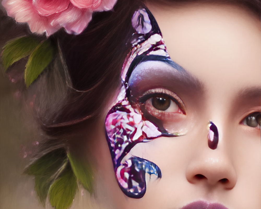 Person with Butterfly Wing Makeup and Floral Hair Accents