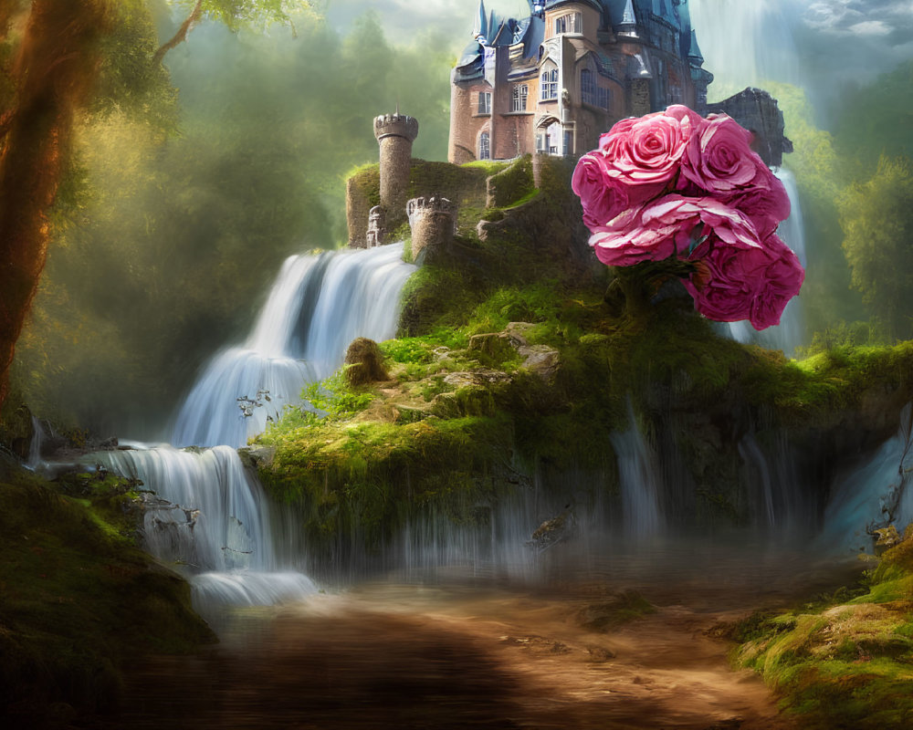 Fantastical castle on waterfalls with giant rose bouquet