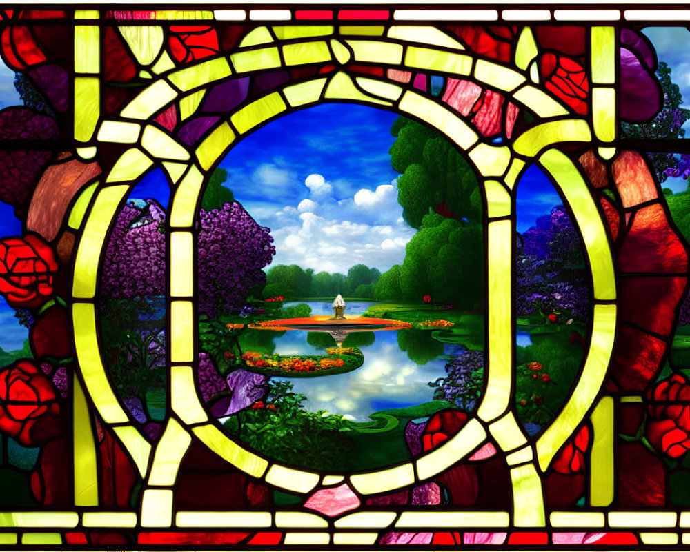 Colorful Garden Scene Stained Glass Window with Flowers, Trees, and Pond