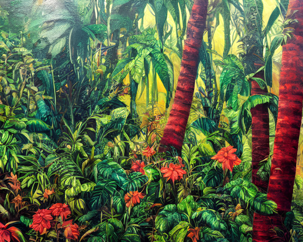 Colorful Jungle Painting with Red-Barked Trees and Bright Red Flowers