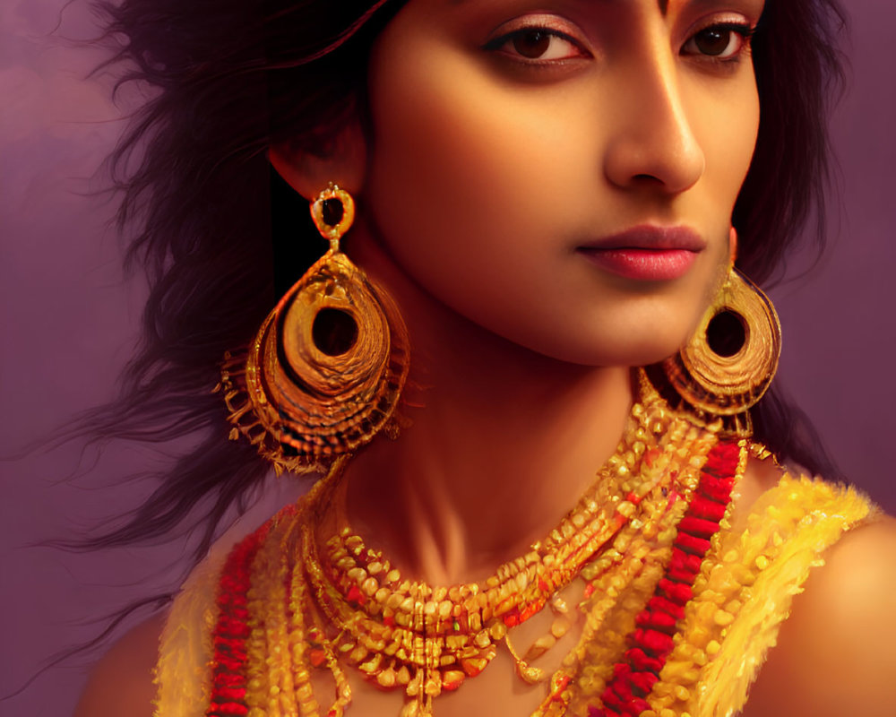 Traditional Indian Jewelry Adorned Woman on Purple Background