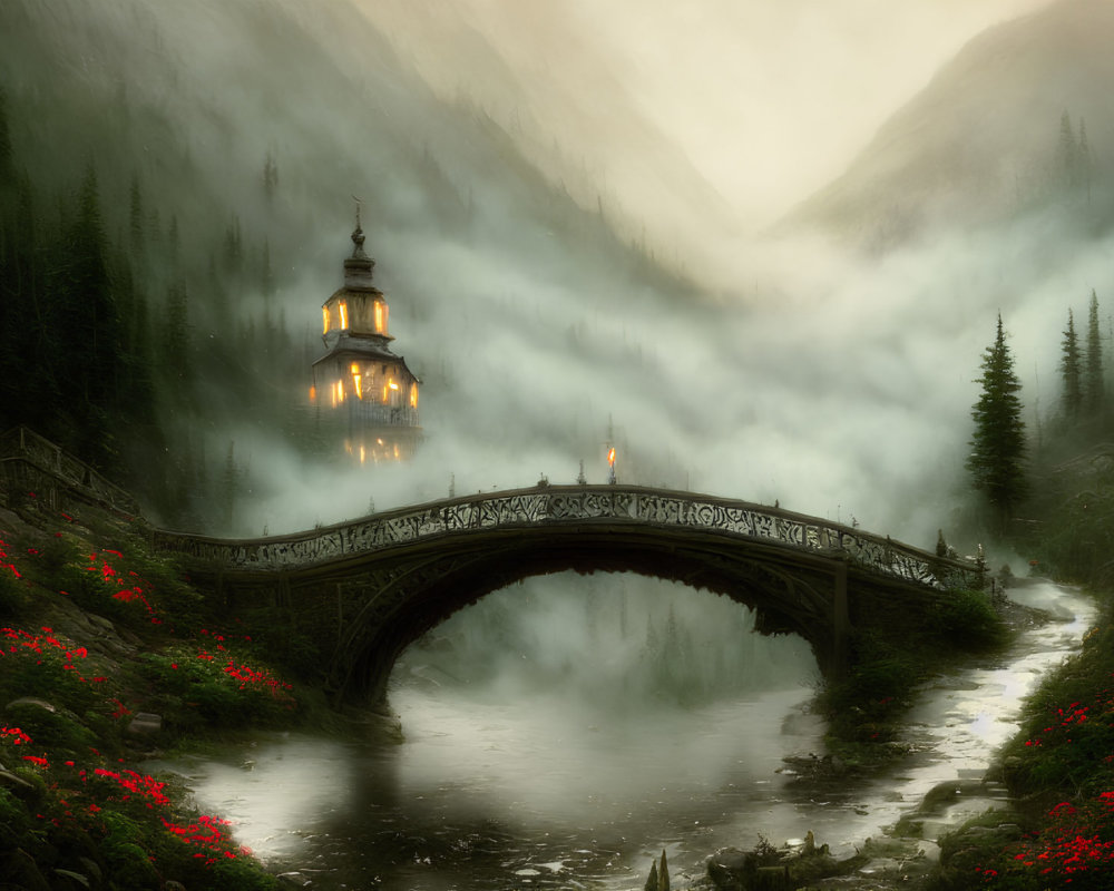 Illuminated chapel by misty river, mountains, red flowers