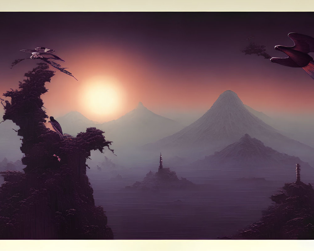 Fantastical sunset landscape with airships, ancient architectures, and misty mountains
