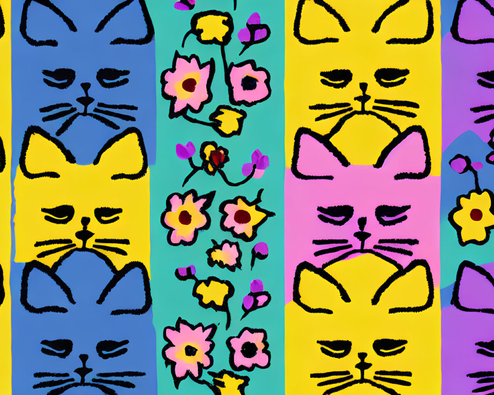 Vibrant Cat Faces and Flowers on Blue, Yellow, Purple Background