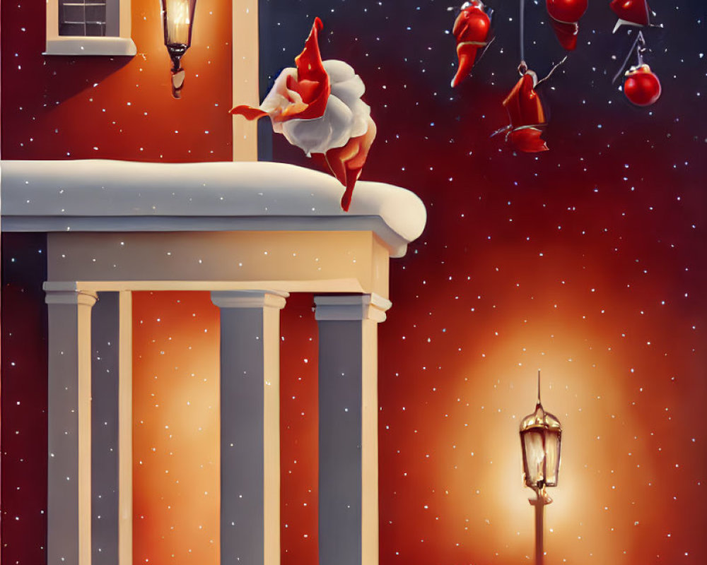 Santa Claus on rooftop with angels and baby in festive scene.