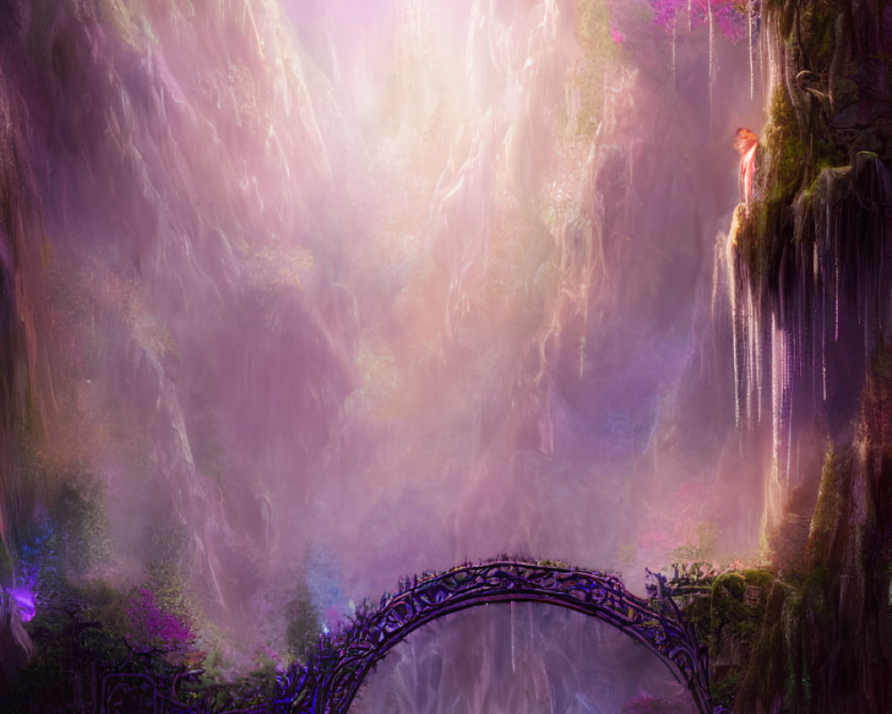 Mystical landscape with glowing purple hue, bridge over waterfall, lush flora, radiant light.