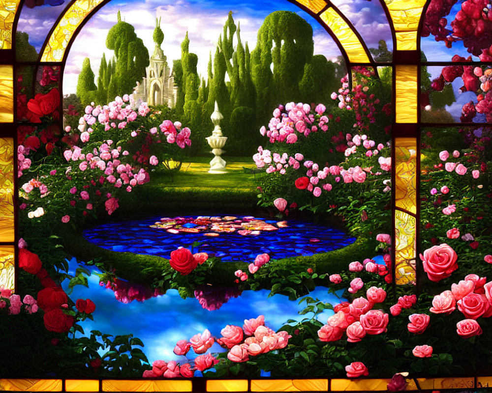 Vibrant garden scene with roses, pond, topiaries, and fountain