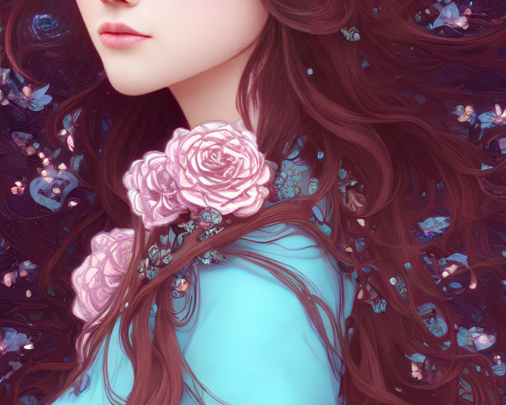 Digital artwork of woman with long brown hair, pink rose crown, blue garment, floral backdrop.