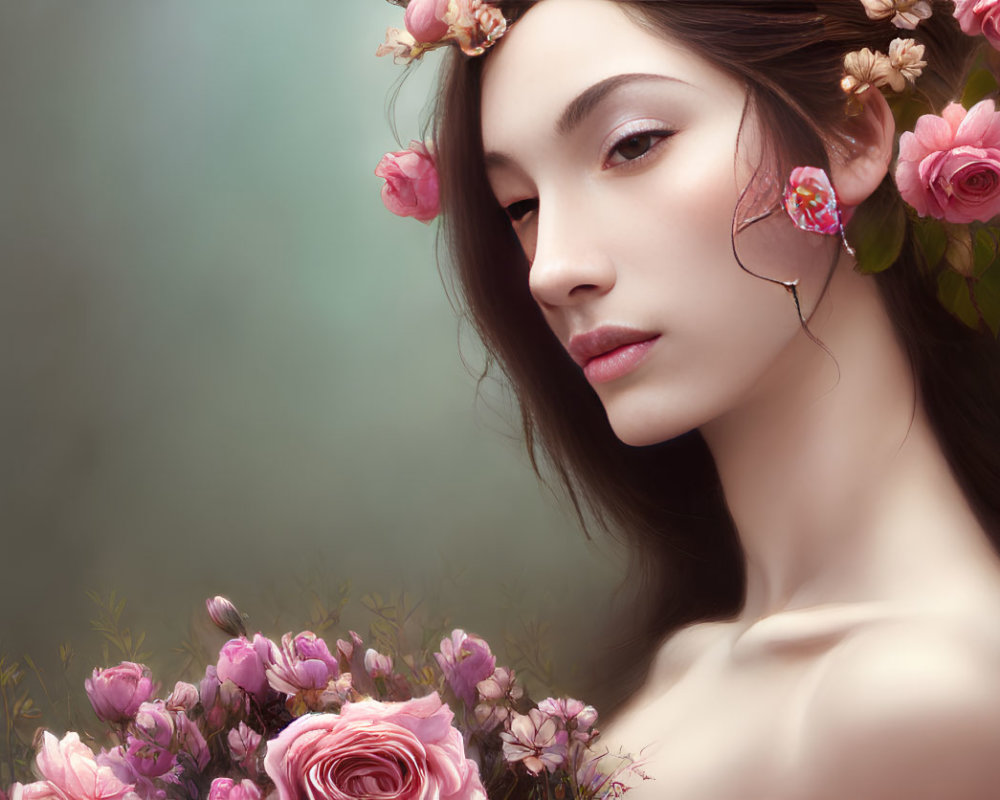 Woman with Flowers in Hair and Roses Bouquet in Serene Setting