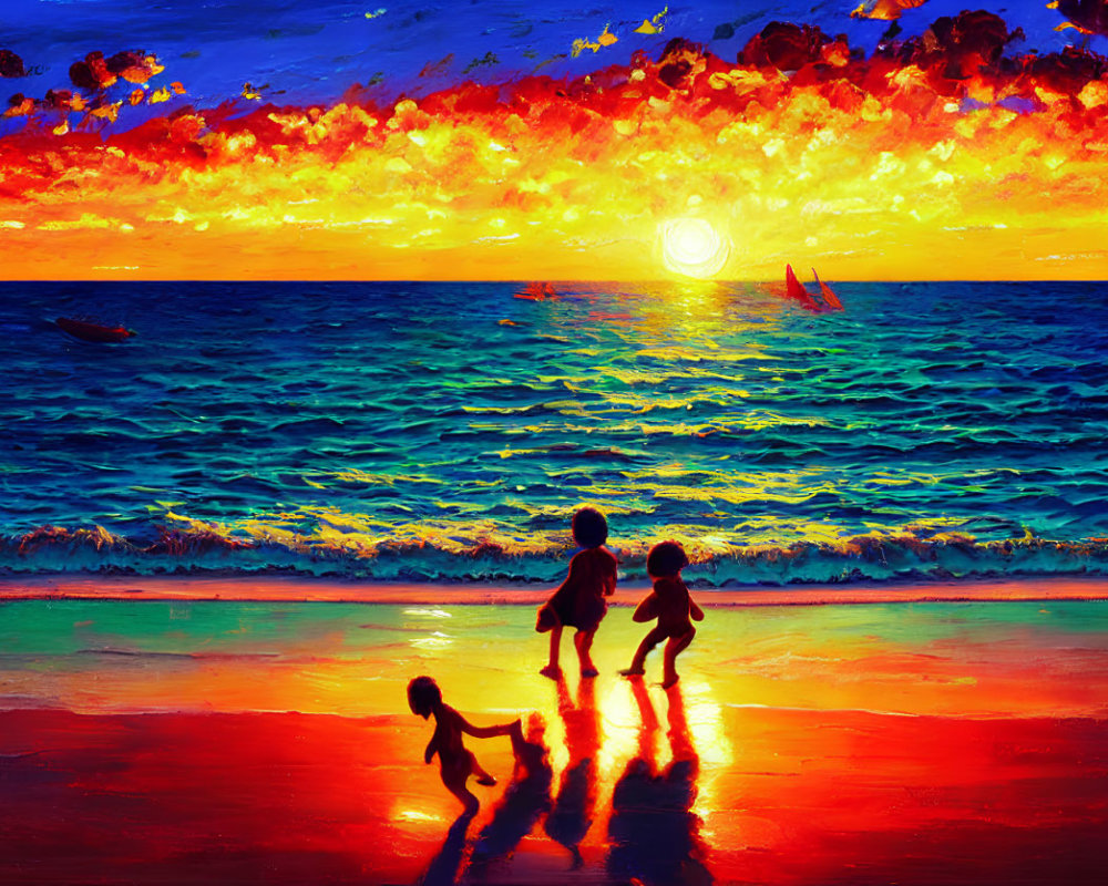 Colorful sunset reflecting on ocean with children playing on beach and boats in the distance
