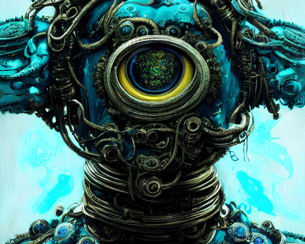 Blue mechanical figure with multiple eyes and ornate metallic details on teal background