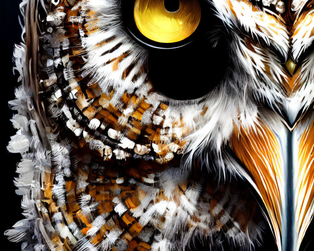 Detailed Owl Face Illustration with Vibrant Yellow Eye