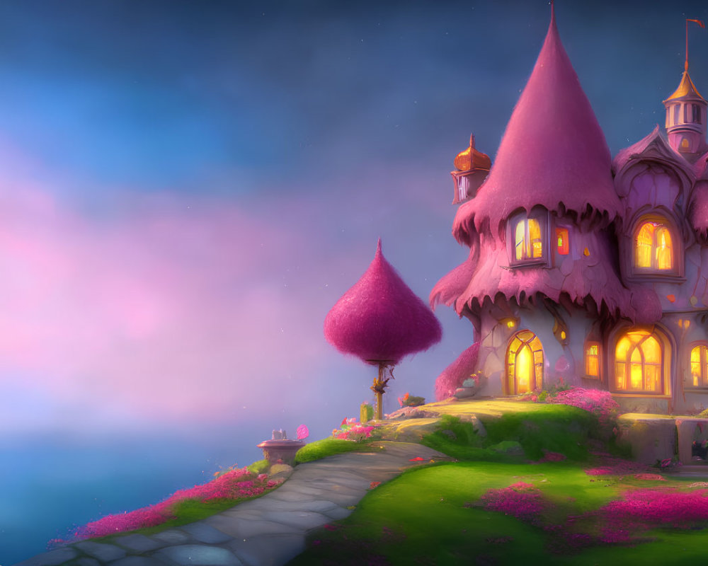 Pink castle with turrets in lush greenery under purple sky
