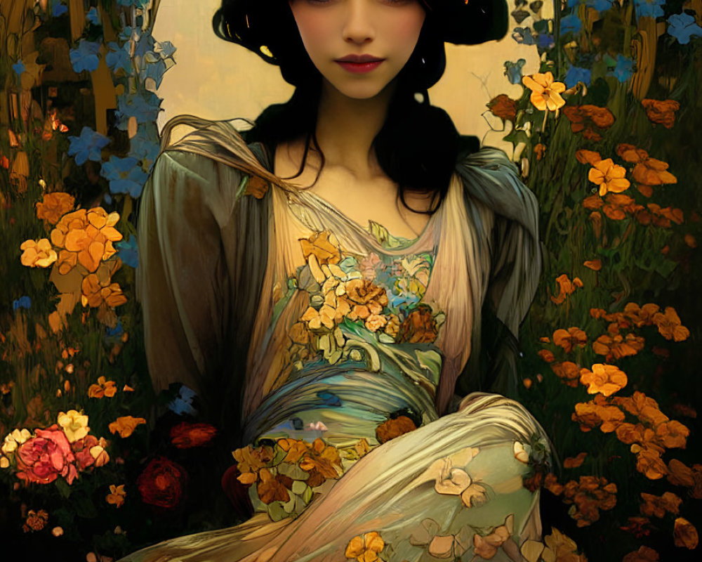 Dark-haired woman in floral crown, flowing gown, amidst ethereal garden with orange blossoms
