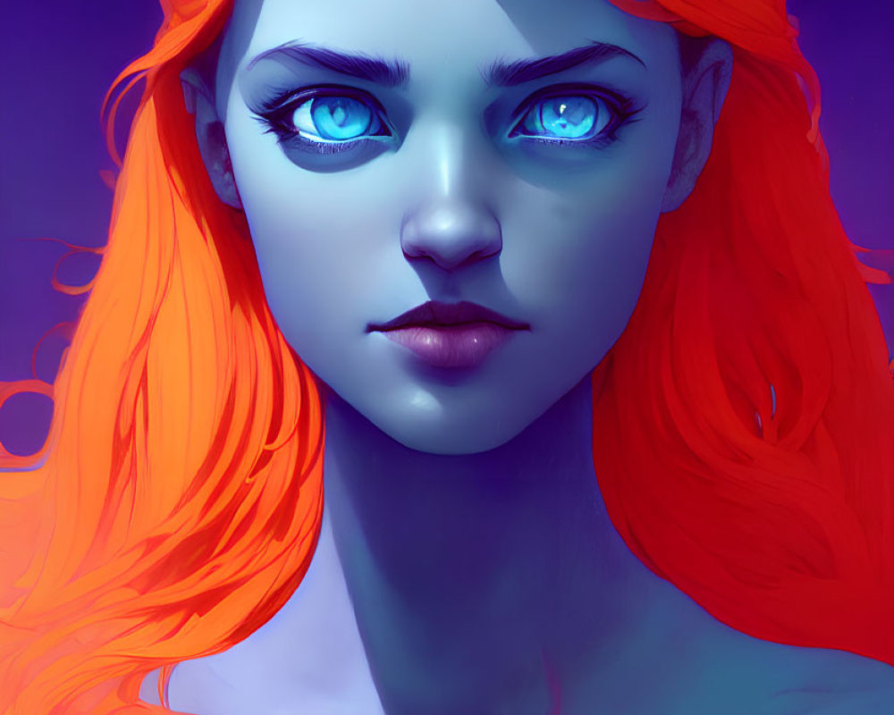Digital artwork: Woman with vibrant orange hair and blue eyes on blue background
